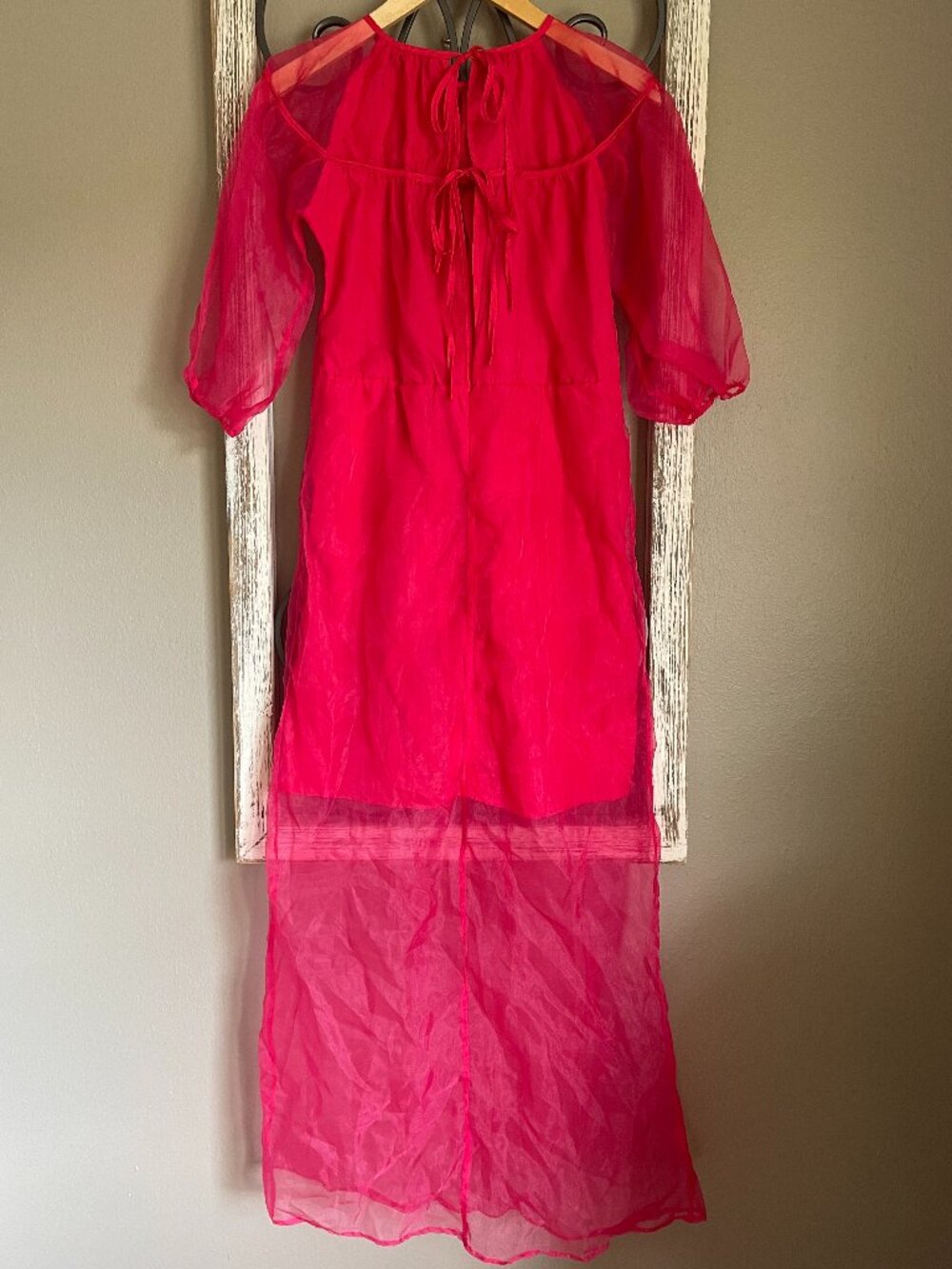 Nasty Gal Sheer Organza Maxi Dress Hot Pink Fuchsia Puff Sleeve Tiered Ruffle